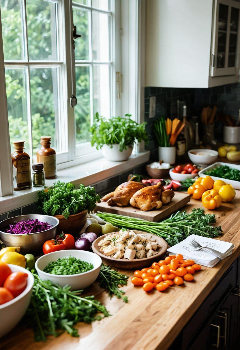 A beautifully arranged kitchen countertop filled with vibrant ingredients for chicken dishes, showcasing fresh herbs, spices, and colorful vegetables. Include a beginner-friendly cookbook open with handwritten notes, a cutting board with neatly diced chicken, and kitchen utensils like a knife and a wooden spoon. Light pouring in from a window, creating a warm and inviting atmosphere. super-realistic. vibrant colors. soft focus.