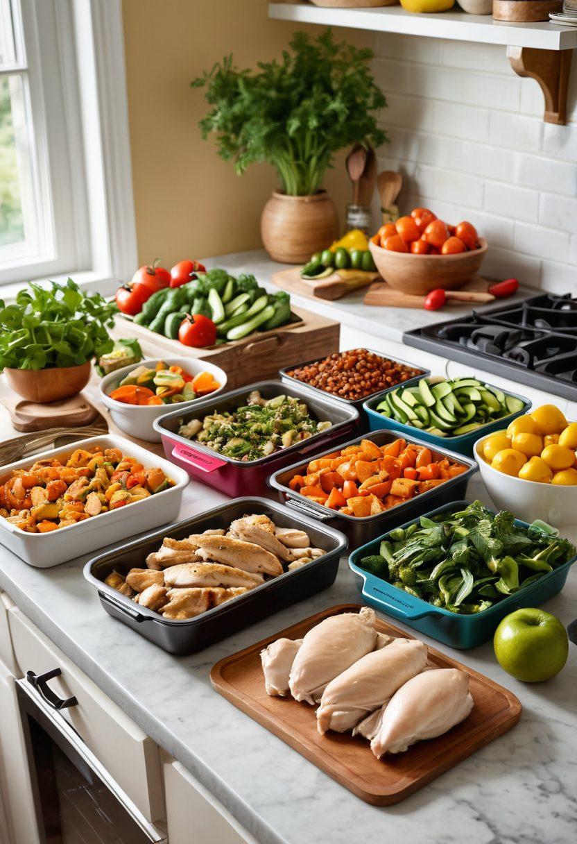 A beautifully arranged kitchen countertop showcasing a variety of prepped chicken meals in colorful containers. Include fresh vegetables, herbs, and spices scattered around for a vibrant touch. Display a clock in the background symbolizing busy life, and an open recipe book with handwritten notes on meal prepping. The overall mood should convey convenience and speed in a warm, inviting kitchen setting. super-realistic. vibrant colors. warm lighting.