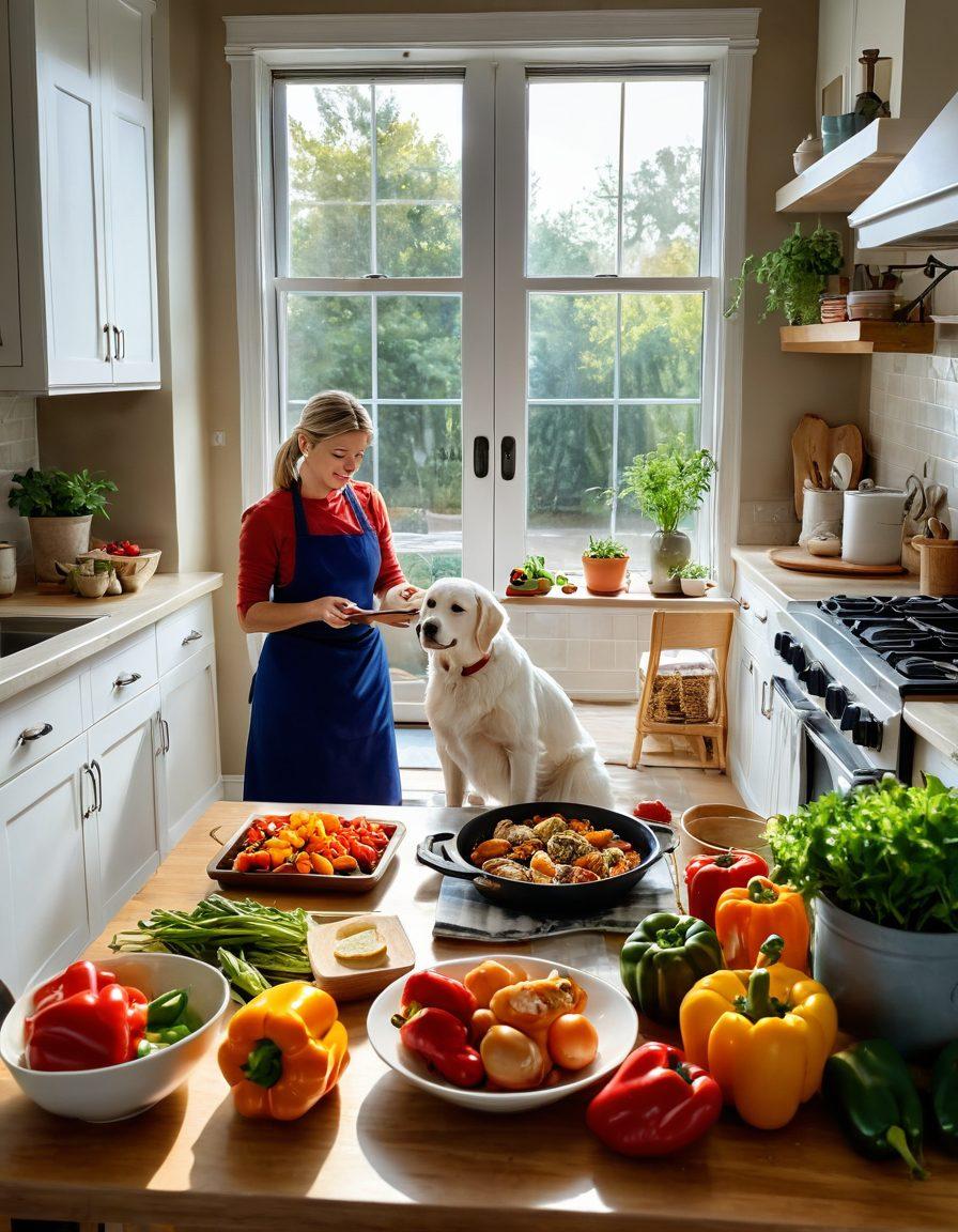 A cozy kitchen scene featuring a novice chef happily cooking chicken with various colorful ingredients like bell peppers, garlic, and herbs laid out on the counter. The atmosphere is warm and inviting, with sunlight streaming through the window, illuminating a recipe book opened to a simple chicken recipe. Include pots simmering on the stove and a playful dog watching nearby. vibrant colors. super-realistic.